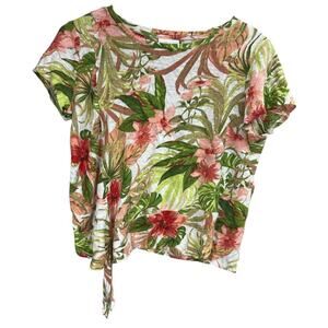 J.Jill Love Linen Tropical Print Short Sleeve Top Tie Waist Small Petite